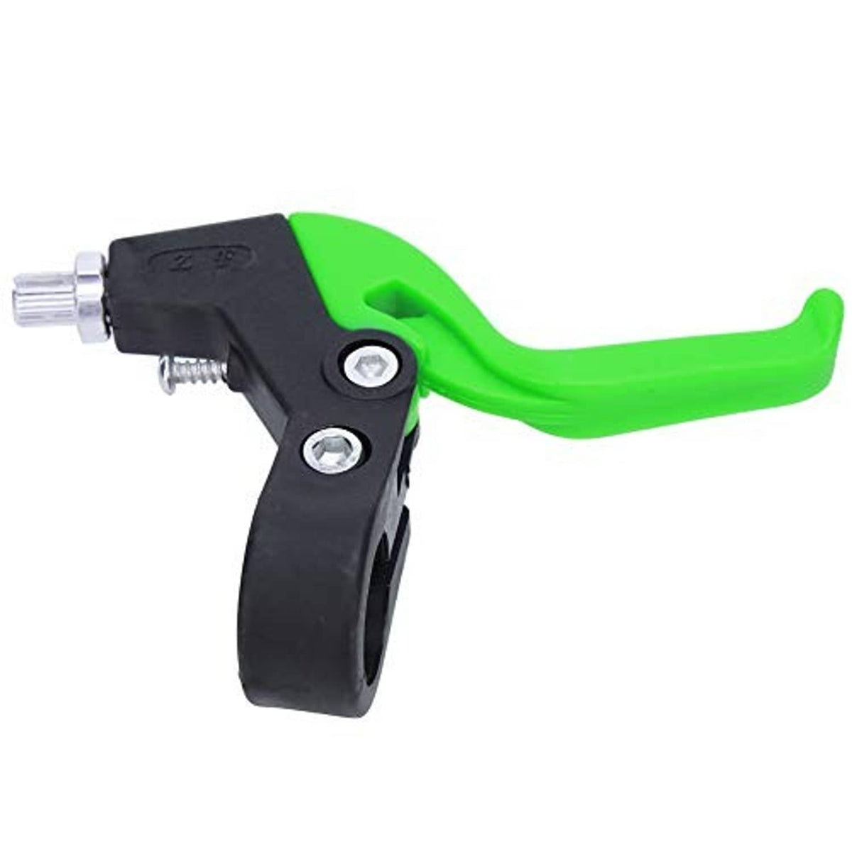 Single bike brake lever with black body, bright green handle, and silver mounting bolts