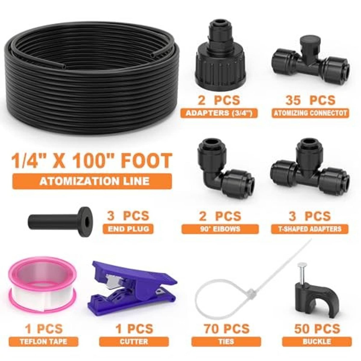 Outdoor misting cooling system tubing with multiple adapters, plugs, and elbows