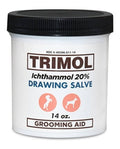 TRIMOL ichthammol 20% drawing salve tub, black lid, 14 oz grooming aid label