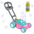 Teal and pink bubble lawn mower toy with gray handle and bubble solution bottle holder.
