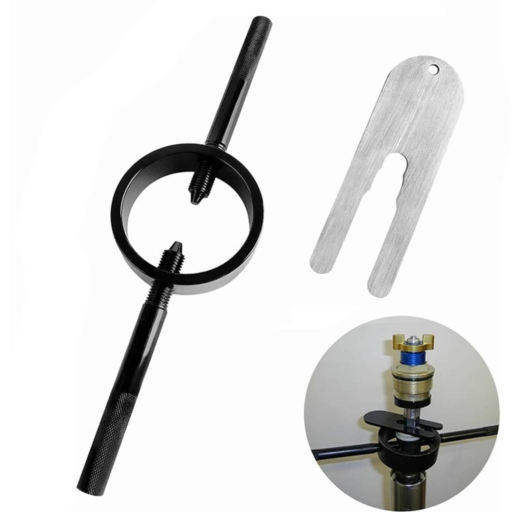 Motorcycle fork spring compressor tool kit with black ring, handle, and silver gauge fork tool