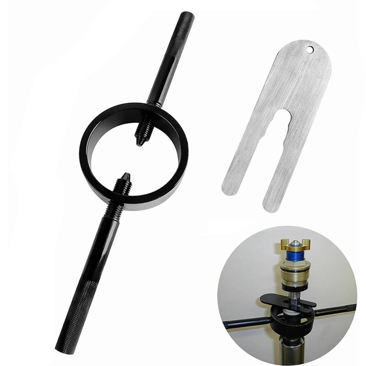 Motorcycle fork spring compressor tool kit with black ring, handle, and silver gauge fork tool