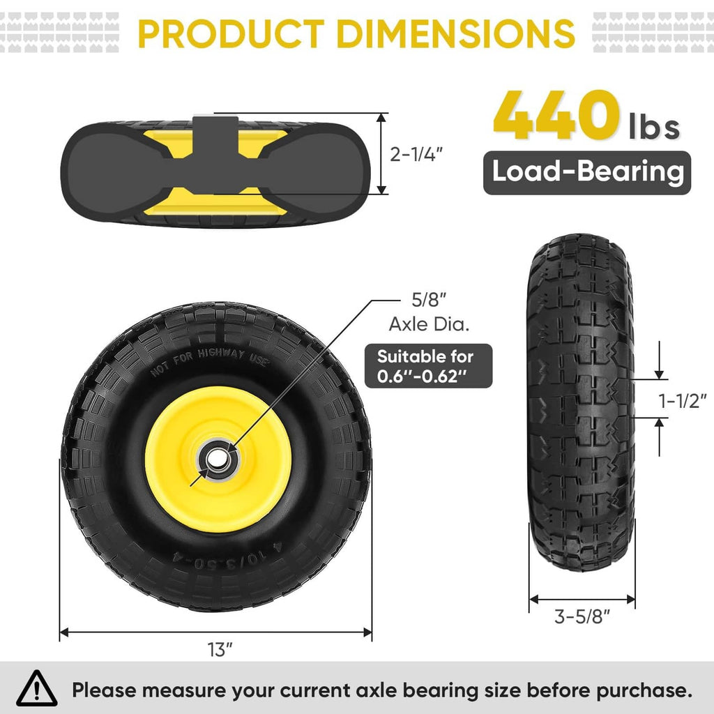 Solid black tire with yellow rim and hub opening, deep tread sides
