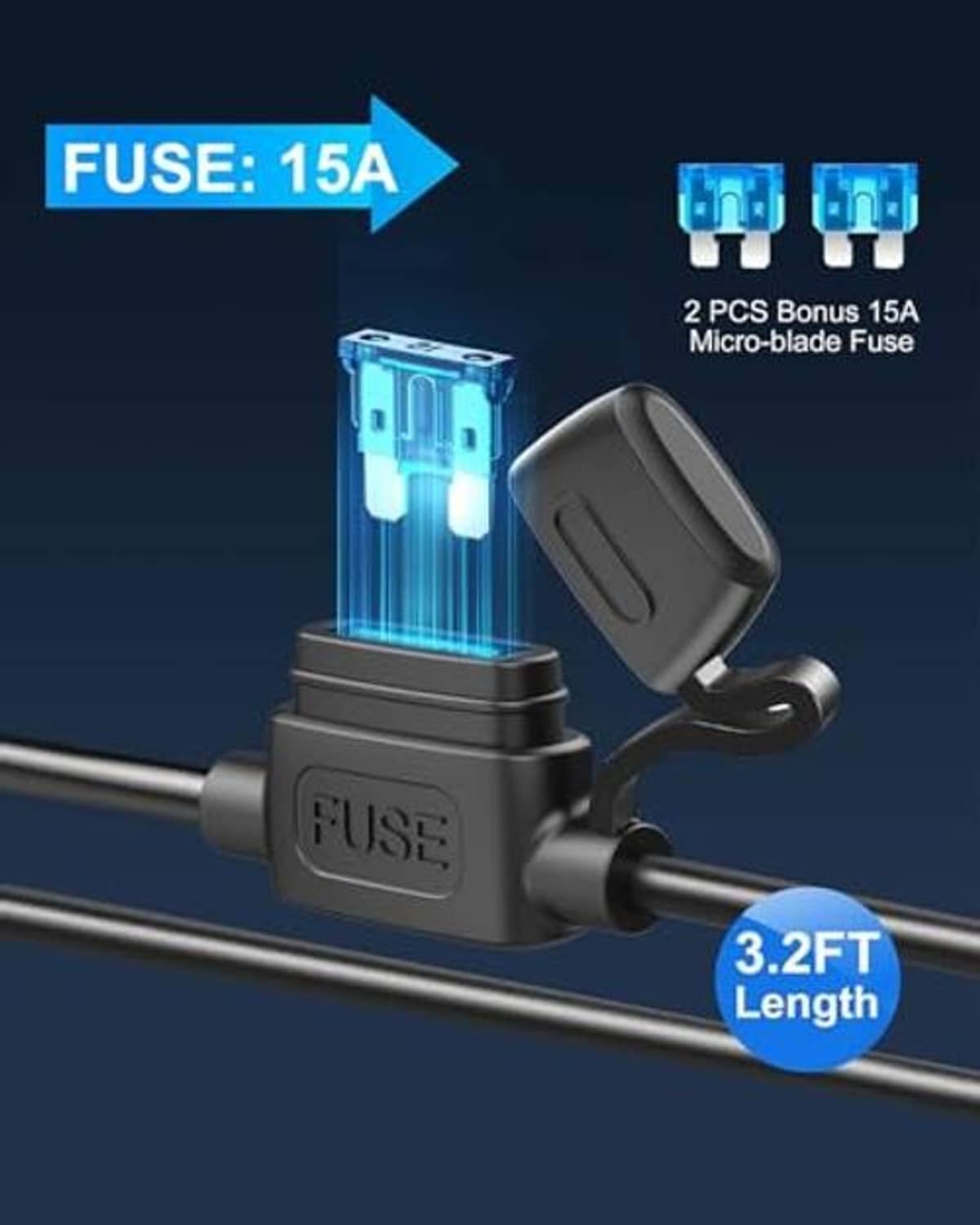 Car charger adapter with 15A fuse, micro-blade protection, and 3.2 ft cable