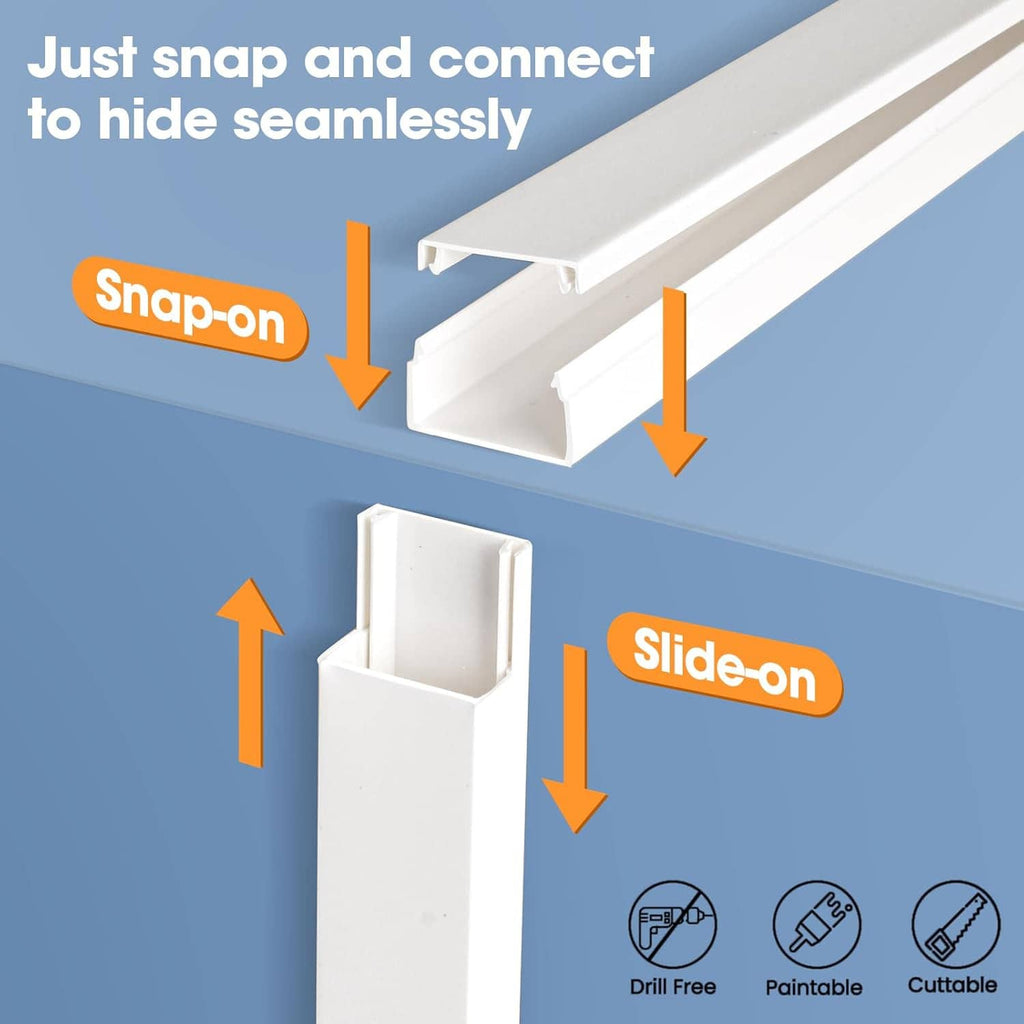 White cord hider cover with snap-on and slide-on connector pieces