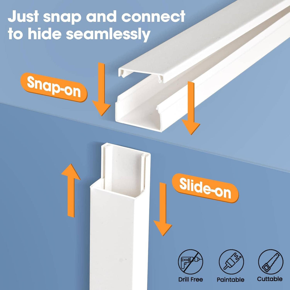 White cord hider cover with snap-on and slide-on connector pieces