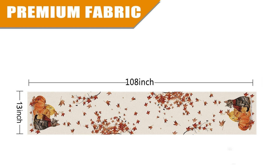 Table runner size 108 in x 13 in with cat, pumpkin, and leaf pattern on white