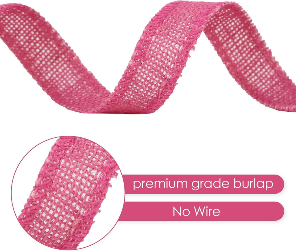 Hot pink woven burlap ribbon roll close-up with textured grid weave