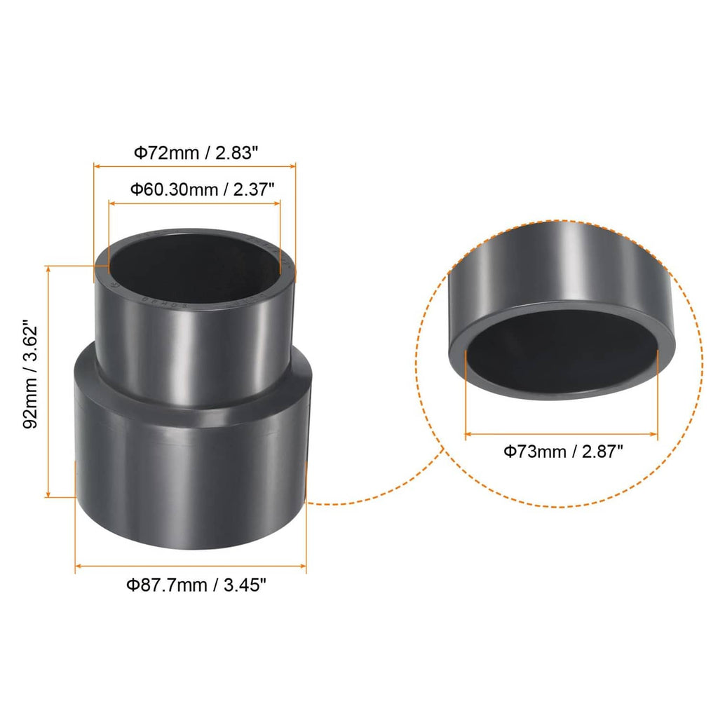 Gray UPVC reducer socket fitting, 2-1/2 in to 2 in ends, smooth design