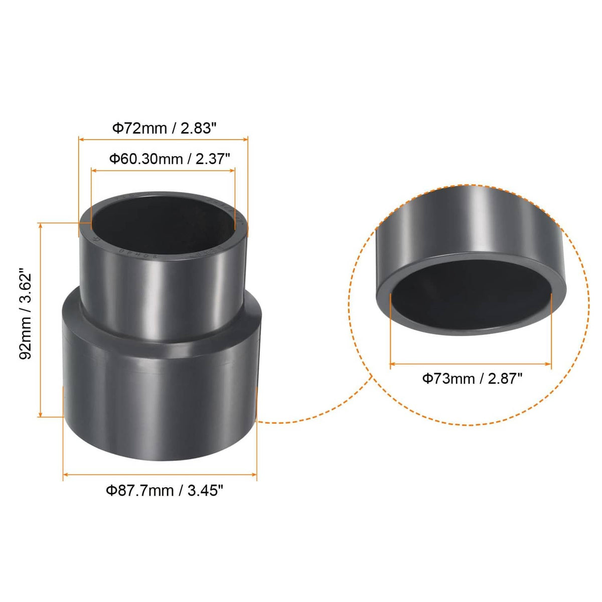 Gray UPVC reducer socket fitting, 2-1/2 in to 2 in ends, smooth design