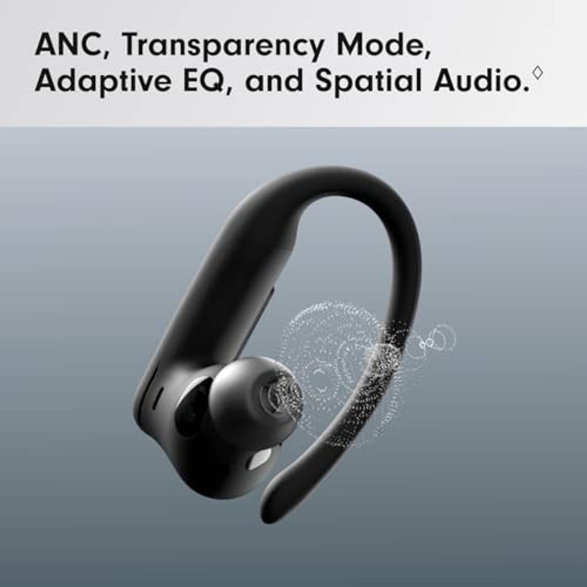 Black wireless earbuds with secure-fit earhooks and sound wave indicator