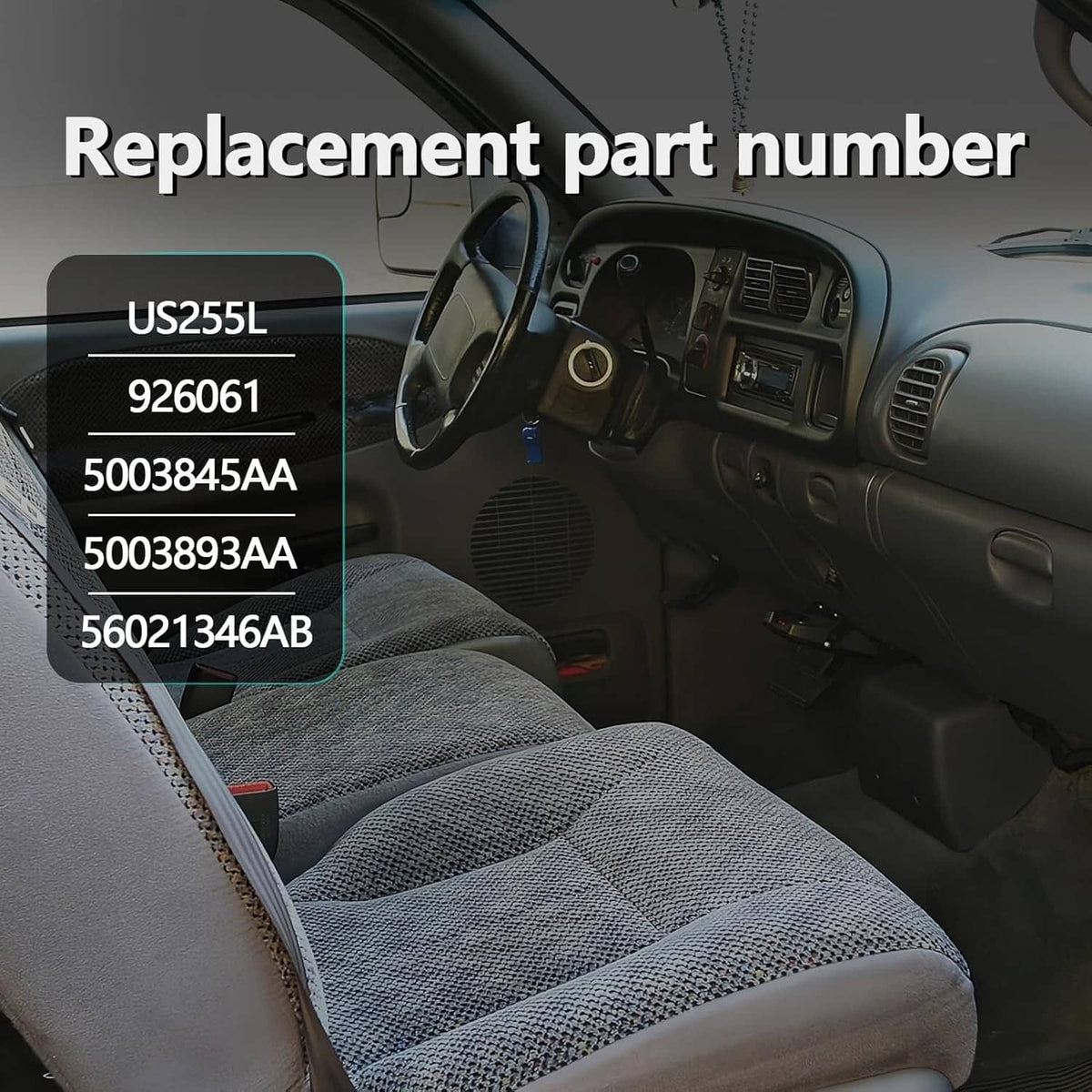 Ignition switch replacement shown near steering wheel in gray vehicle interior