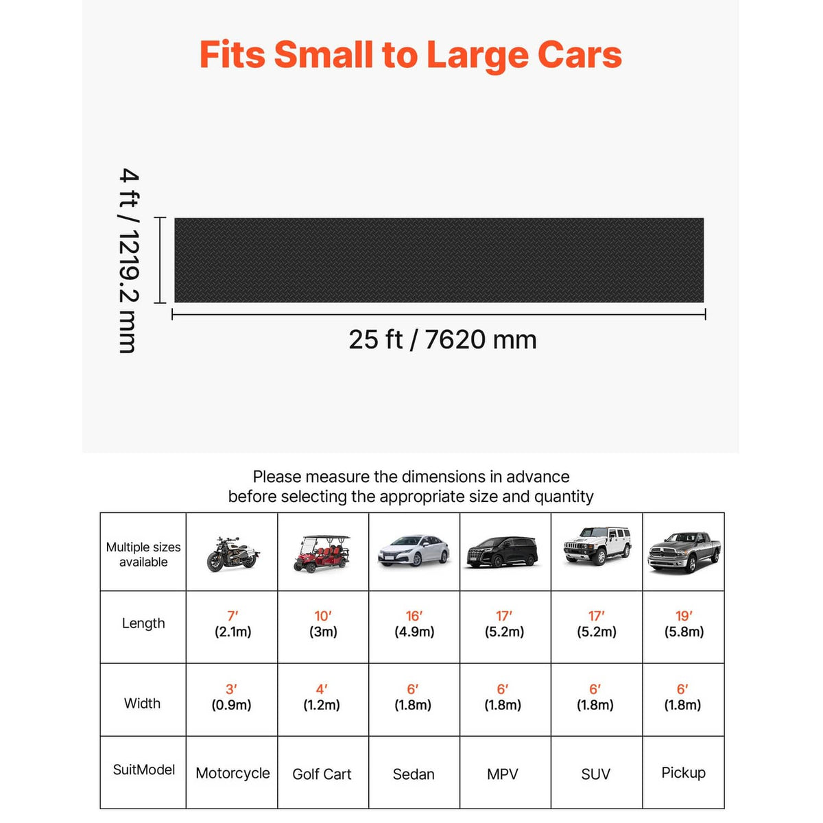 Black rubber garage floor mat, 25 ft long with textured diamond surface