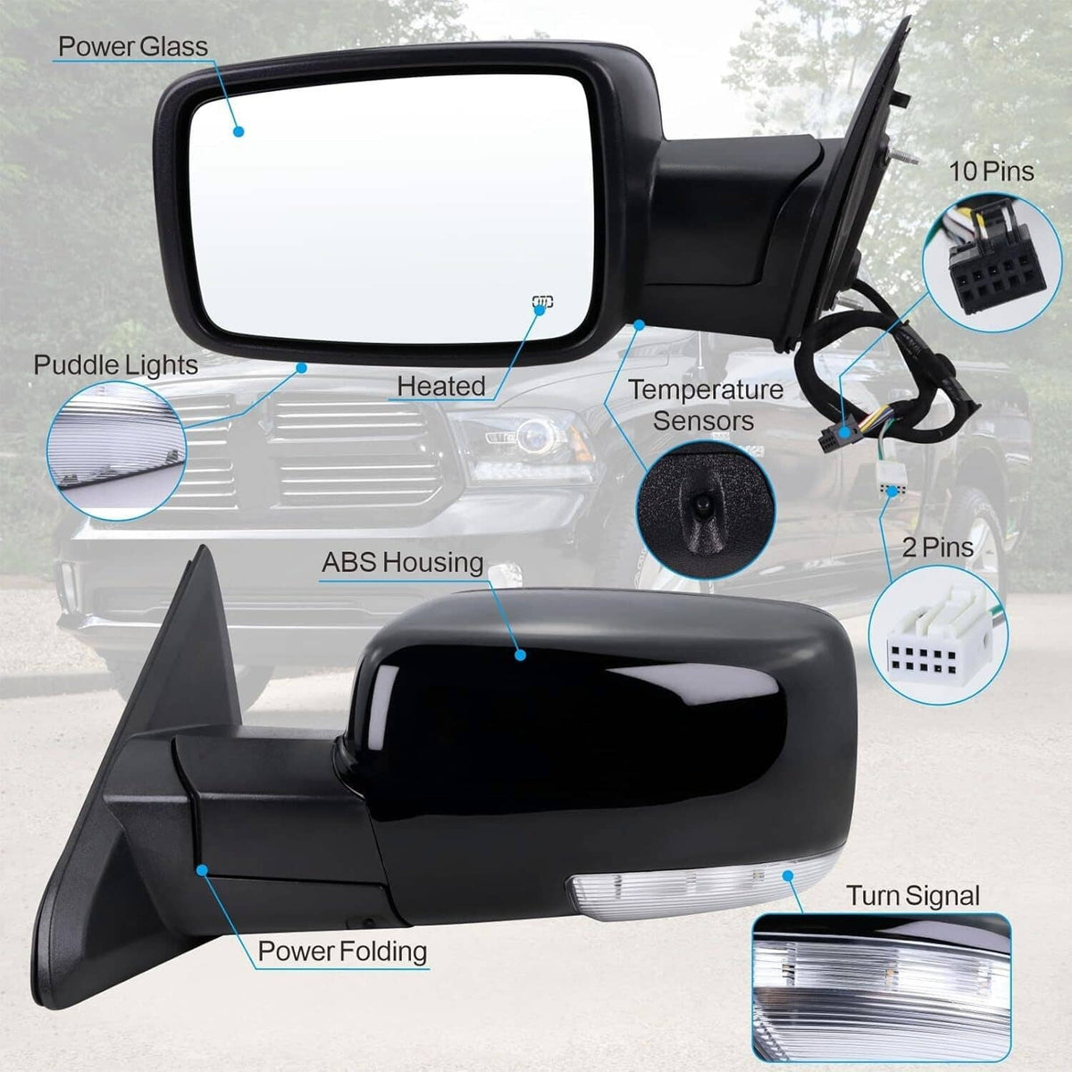 Left driver side mirror assembly with heated glass, puddle light, and turn signal
