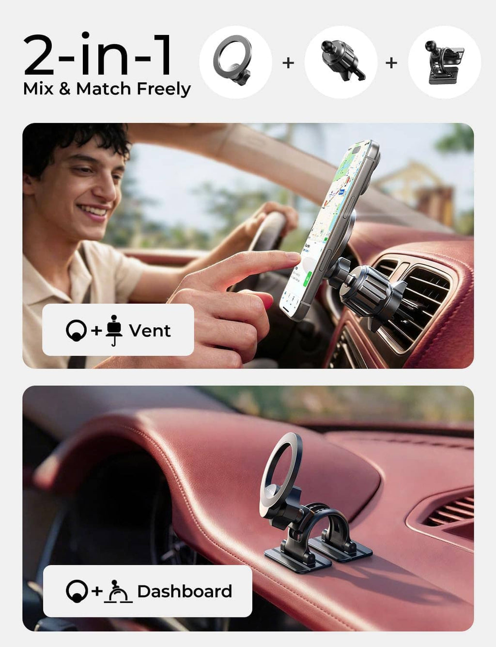 2-in-1 magnetic car phone mount with vent clip and dashboard base holder
