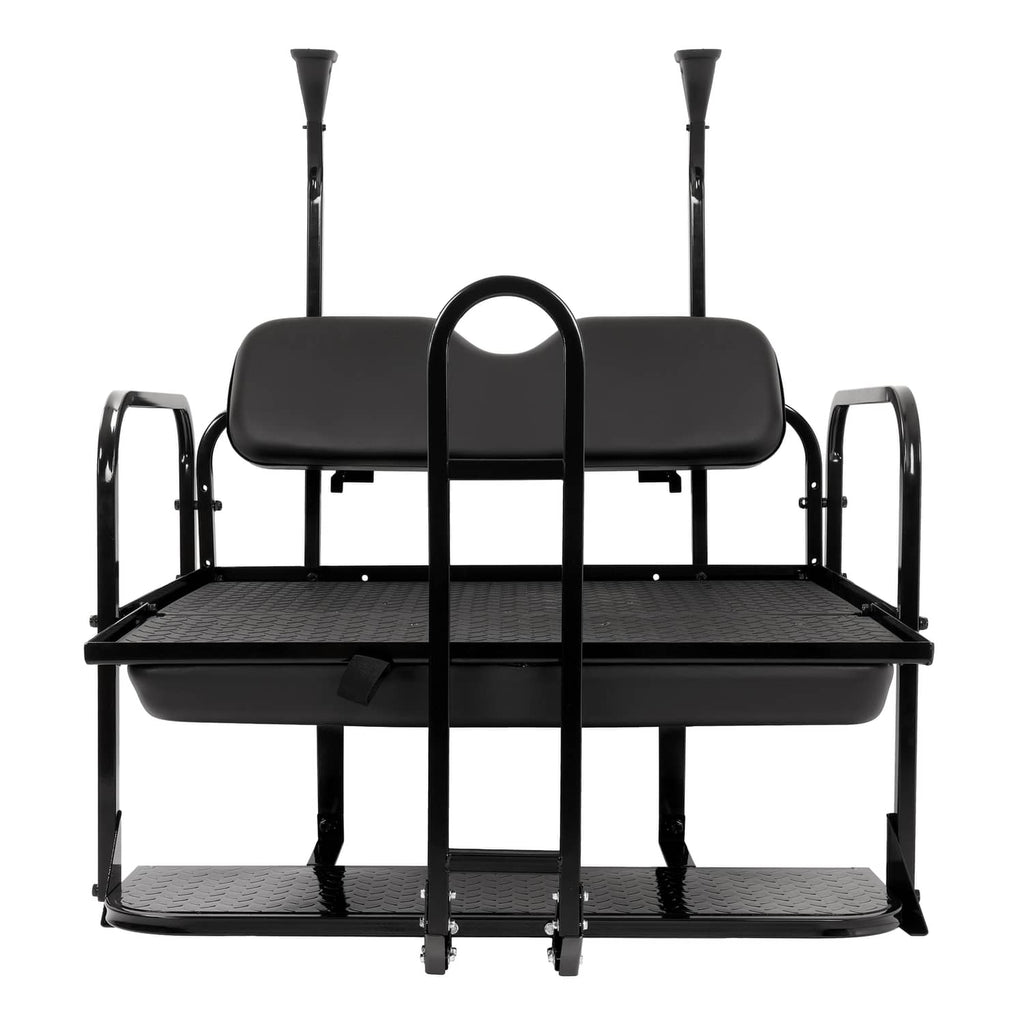 Black rear flip seat assembly with padded backrest and lower storage platforms