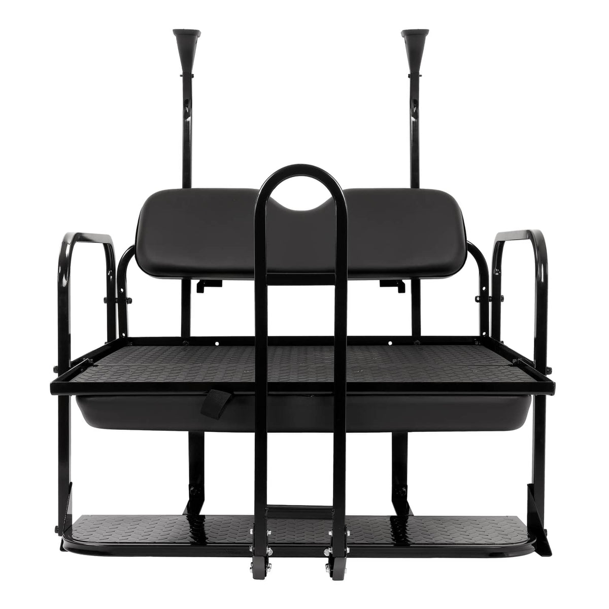 Black rear flip seat assembly with padded backrest and lower storage platforms