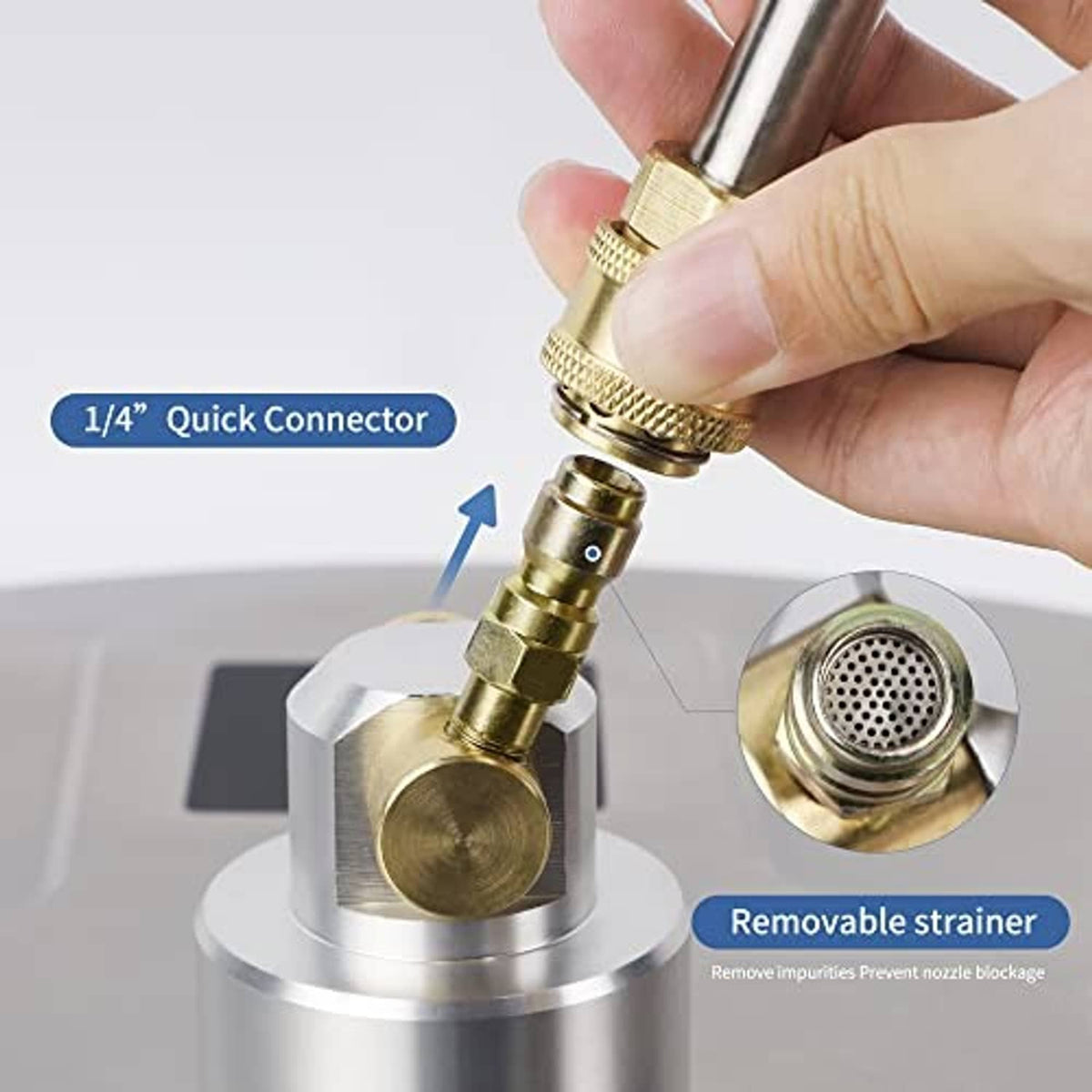 1/4-inch quick connector on pressure washer surface cleaner with removable strainer