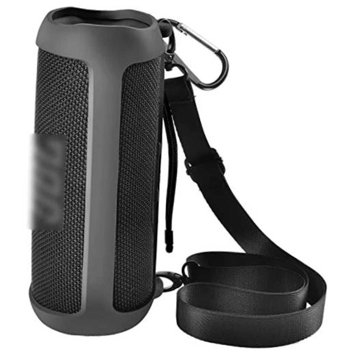 Waterproof silicone speaker case with carabiner strap, dark gray mesh texture.