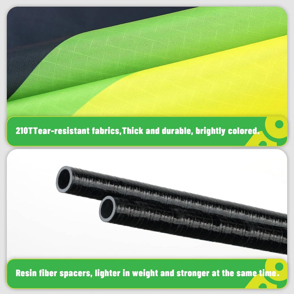 Tear-resistant kite fabric close-up with green and yellow panels and black rods