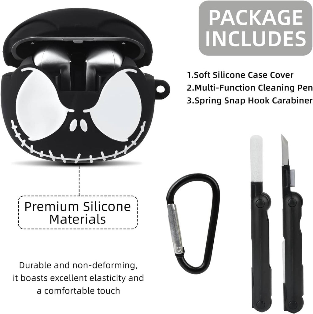 Black silicone earbuds case cover with green glow, cleaning pen, and snap hook included