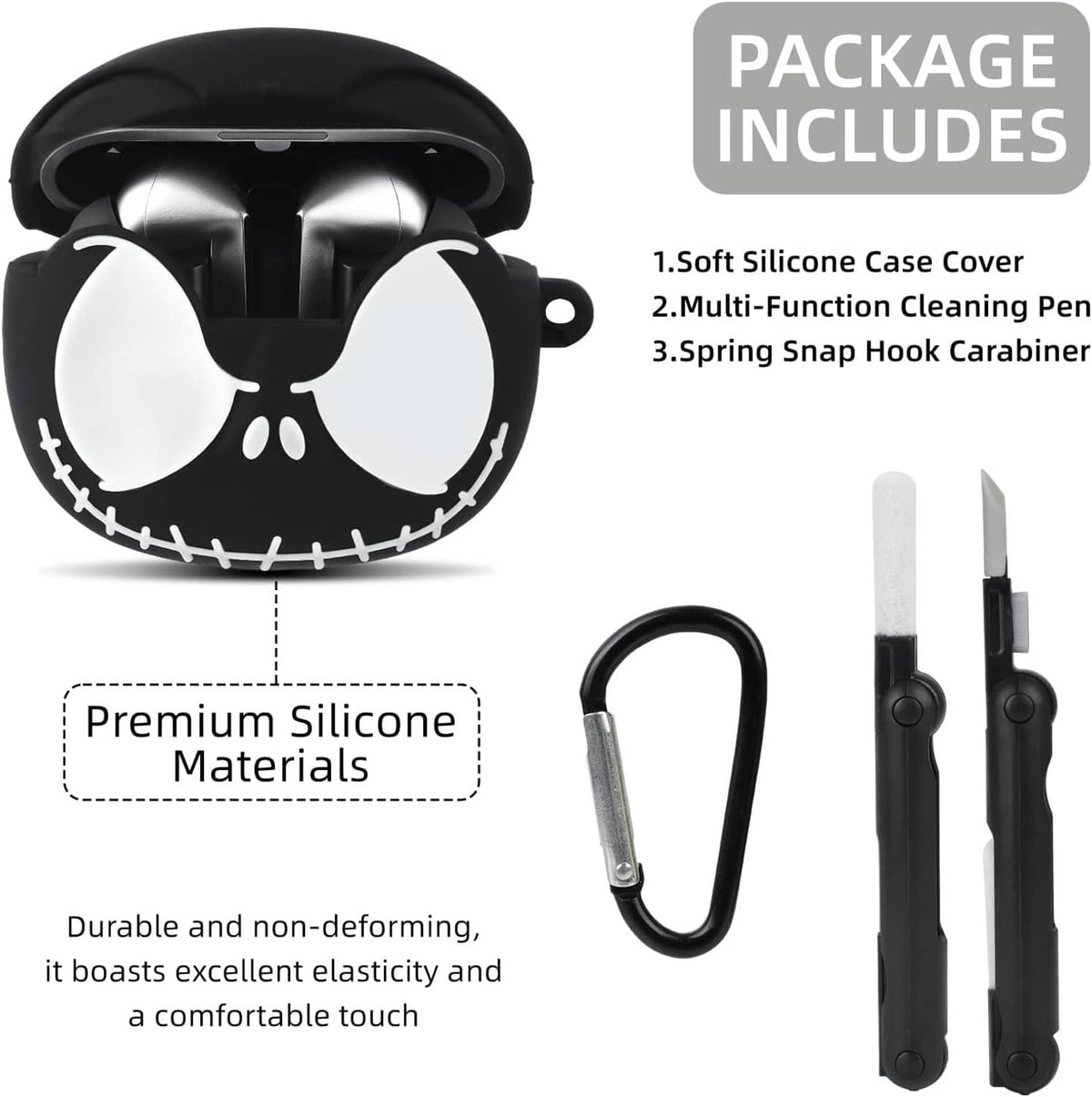 Black silicone earbuds case cover with green glow, cleaning pen, and snap hook included