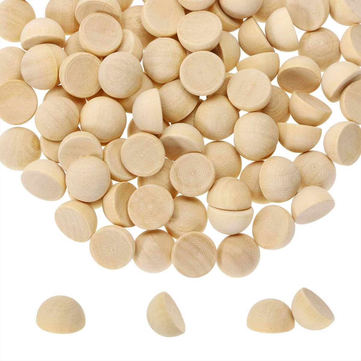 Unfinished light wood half-round balls, smooth split segments in mixed sizes