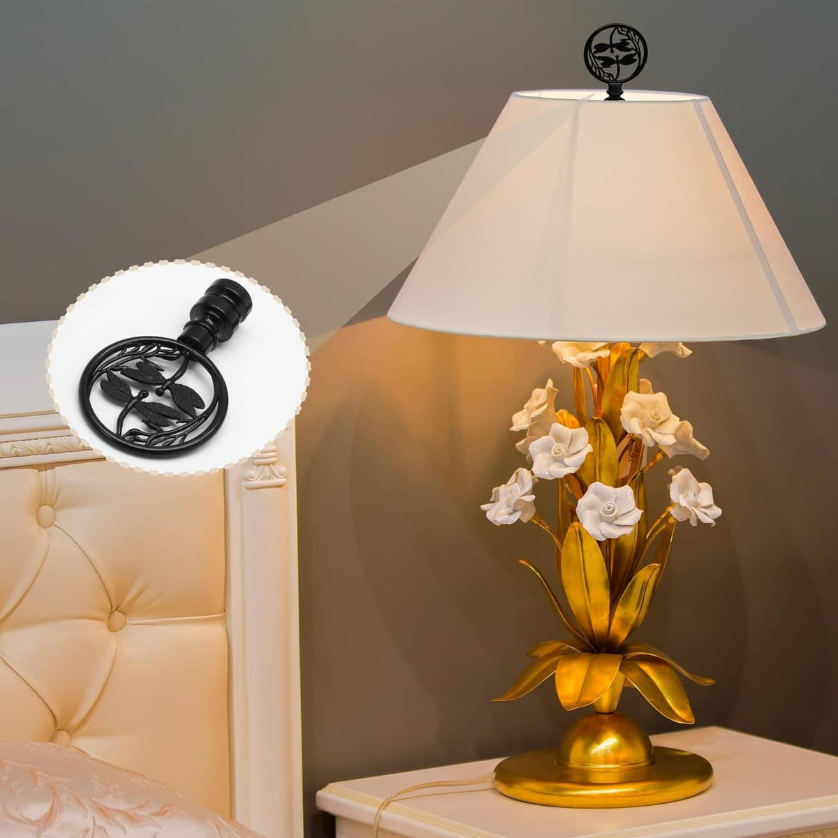 Black dragonfly lamp finial on white lamp shade, round medallion atop ribbed threaded stem