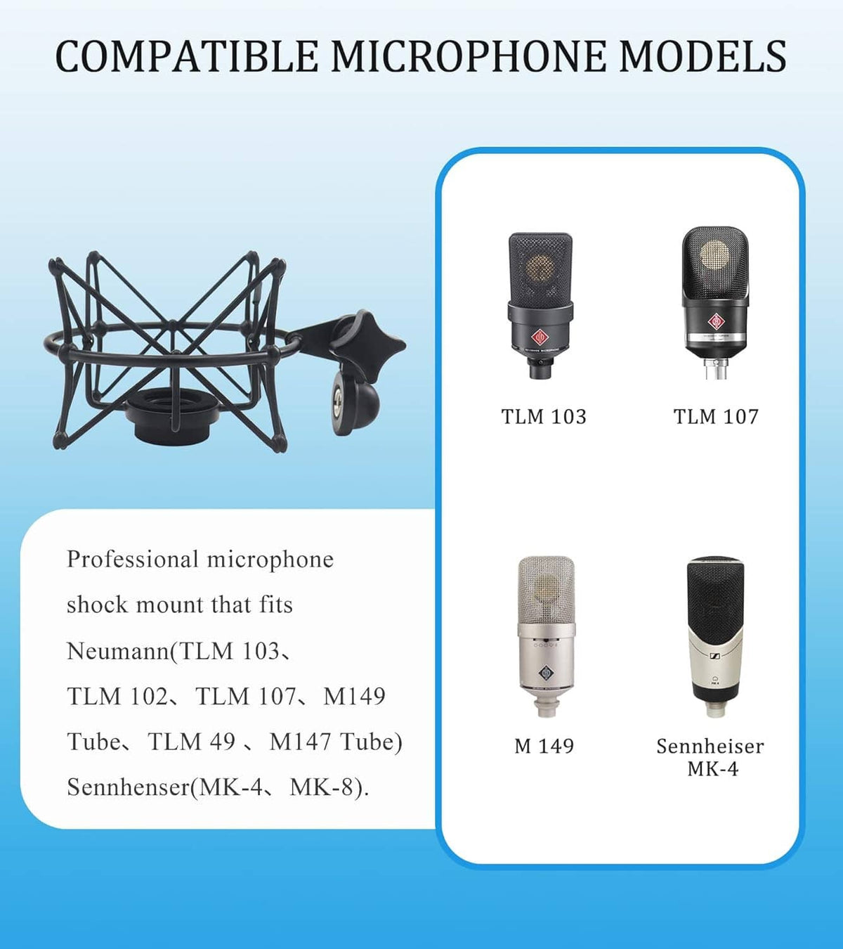Microphone shock mount with compatible microphone models shown
