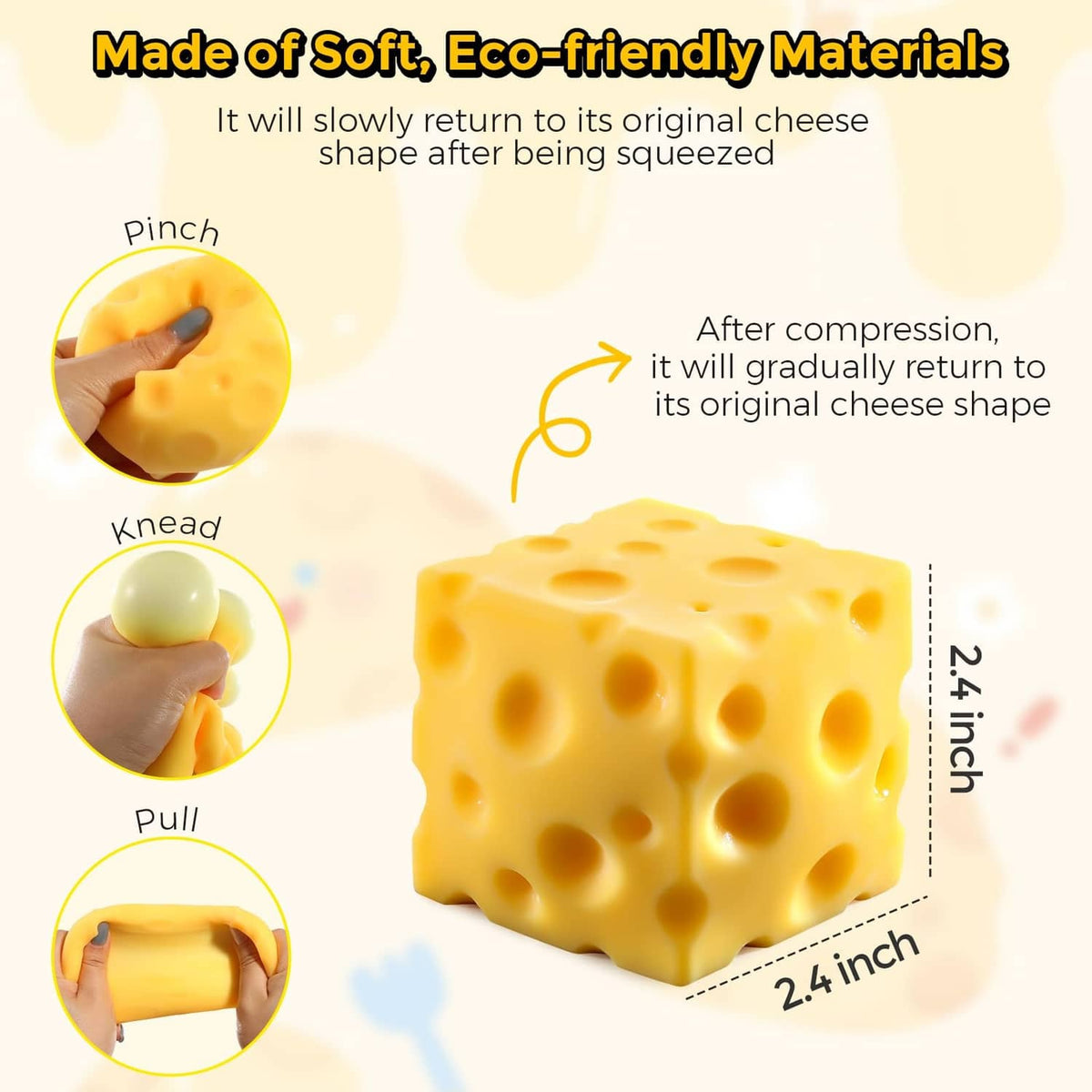 Yellow cheese block squishy toy with embossed holes, held between fingers