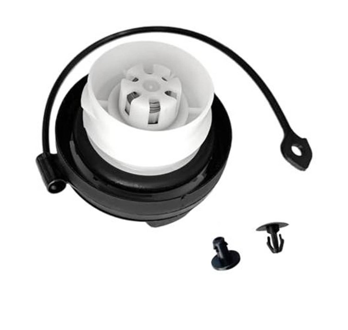Fuel gas cap with white inner housing and black outer collar, tether cable