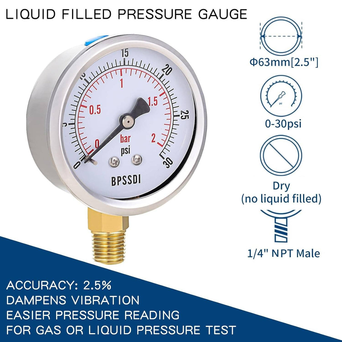 Low pressure gauge with 2.5 in dial and 1/4 in NPT male threaded connection