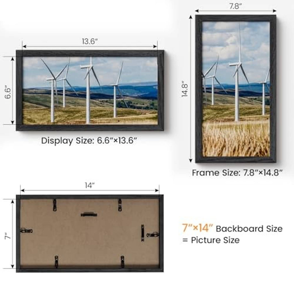 Black 7x14 oak picture frame with labeled frame and display sizes on diagram