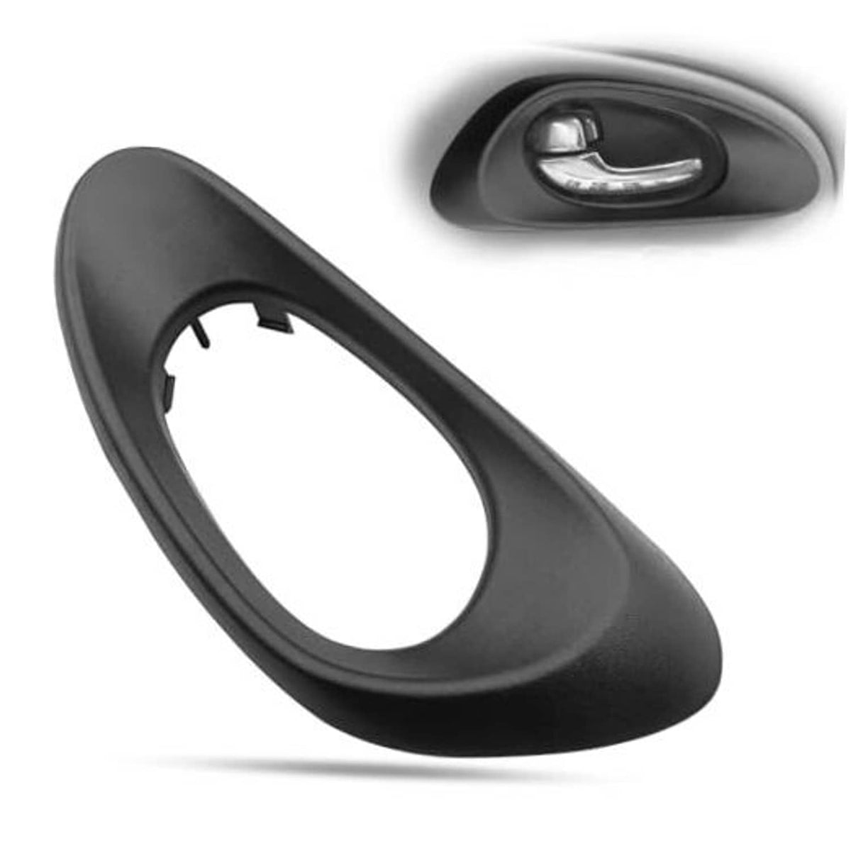 Left interior door handle trim bezel cover, dark gray/black plastic with oval opening
