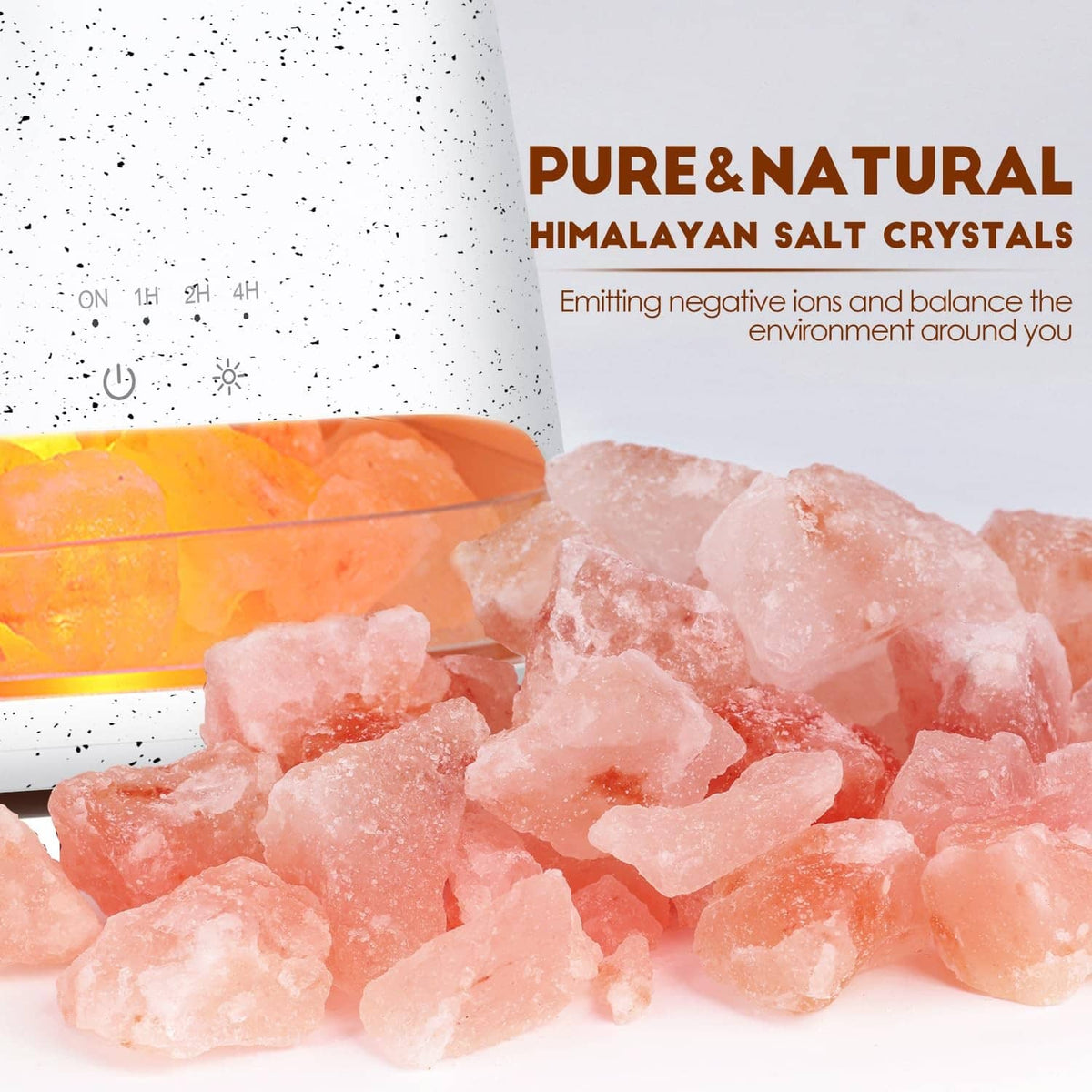 Off-white speckled diffuser with pink Himalayan salt crystals in a clear salt tray