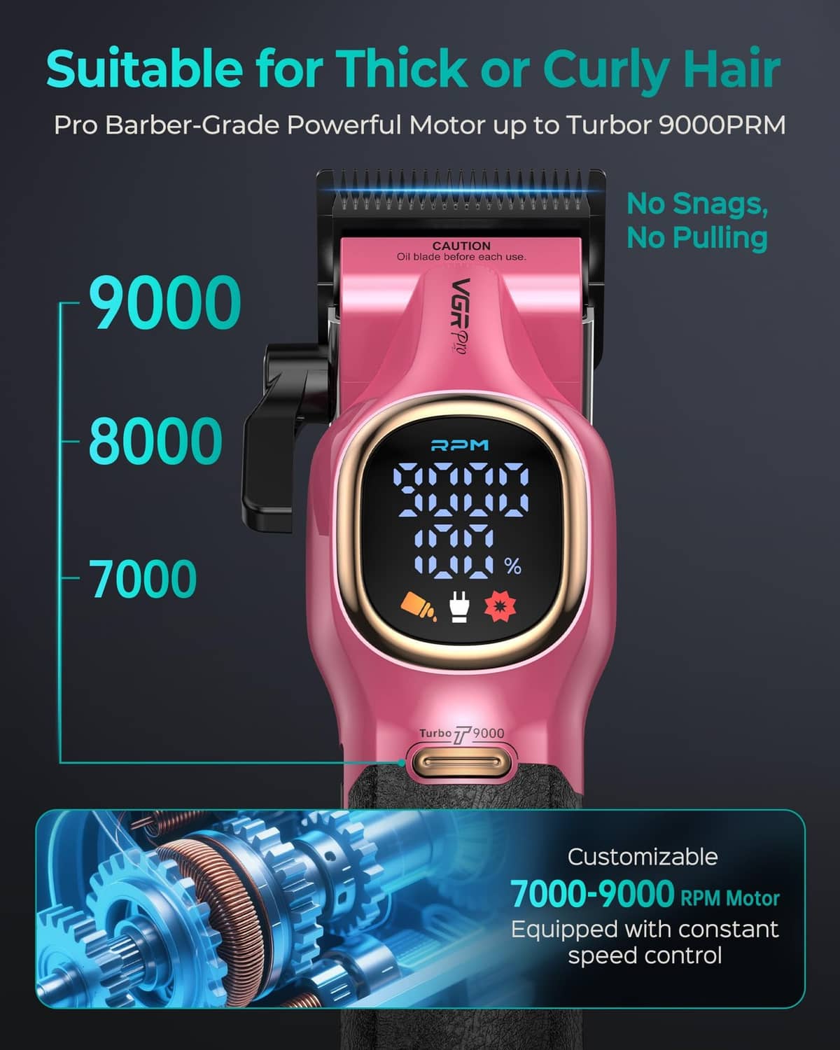 Pink hair clipper with front LCD screen and adjustable guard for thick hair