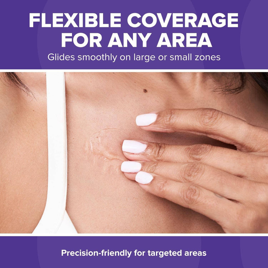 Silicone scar gel dabbed on skin with finger, covering a small patch area