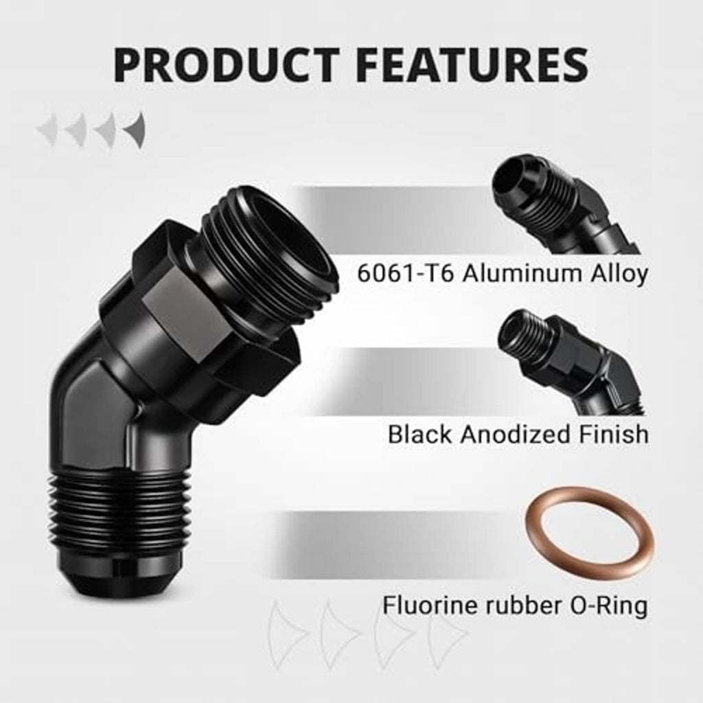 Black 45-degree male AN ORB swivel adapter with aluminum body and O-ring