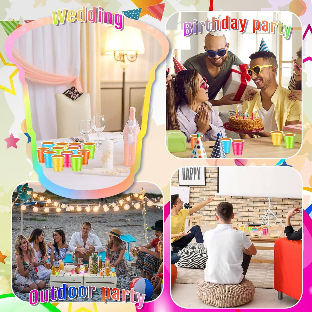 2 oz plastic shot cups on a table, shown for wedding, birthday, and outdoor party