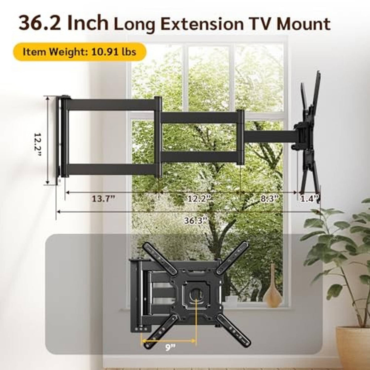 Long extension TV wall mount with long bracket arms and angled display position