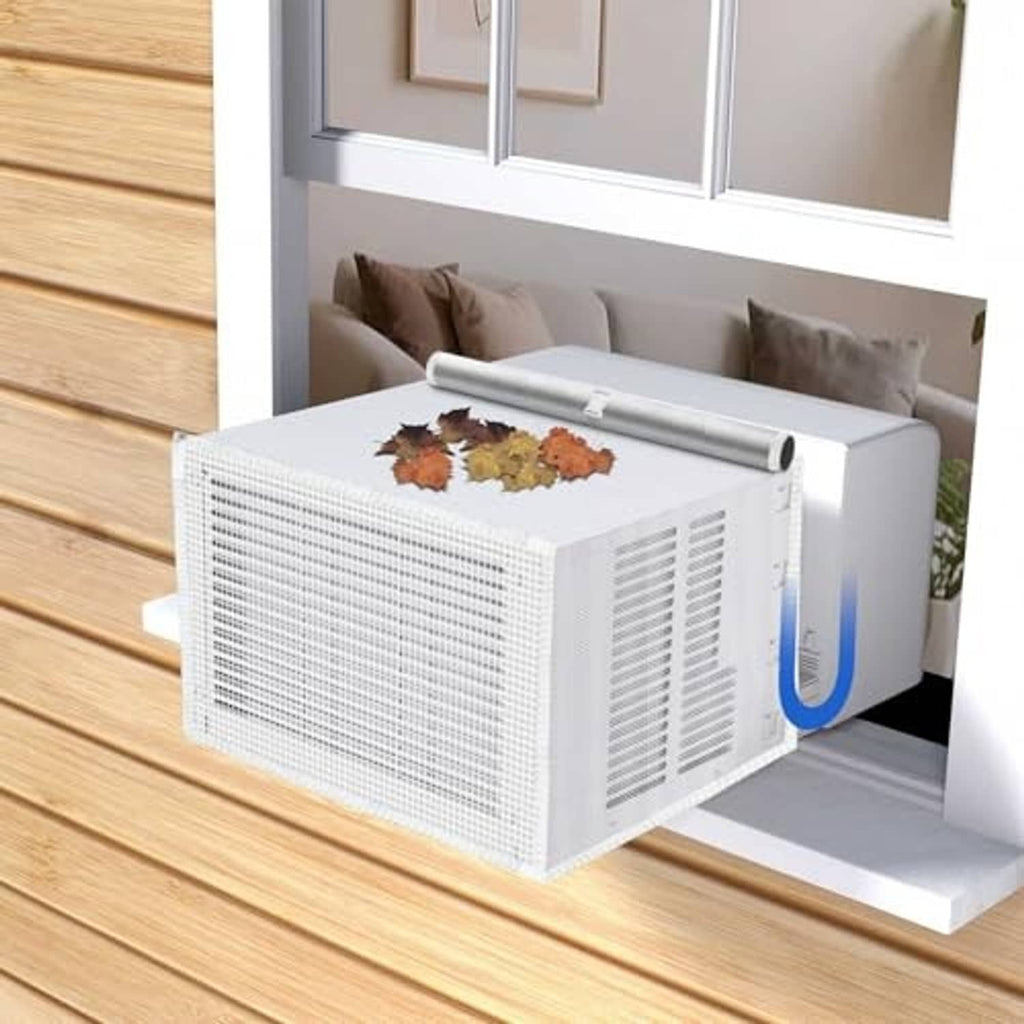 White mesh window AC cover for U-shaped unit with front grille and side intake vents.