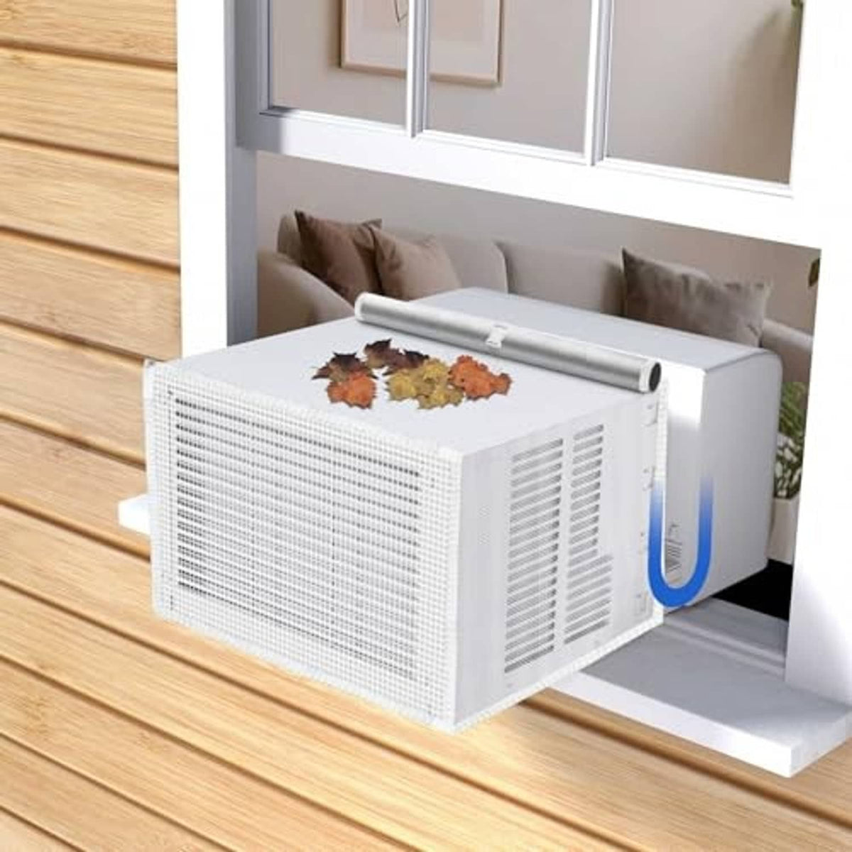 White mesh window AC cover for U-shaped unit with front grille and side intake vents.