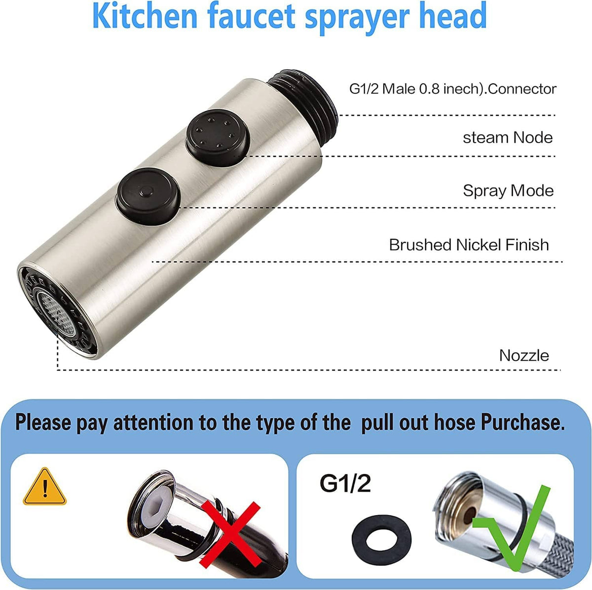 RivetOak PULL Down kitchen faucet head Brushed Nickel Fit for G1/2 male or 13/16inch