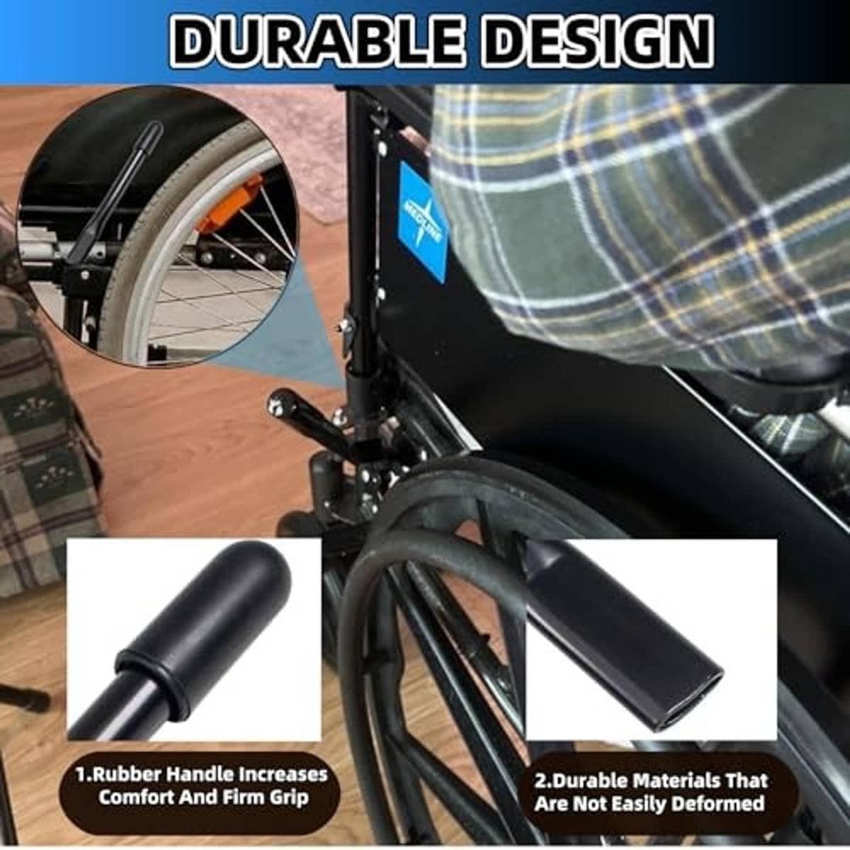 Black wheelchair brake handle extender with rubber-like grip, close-up