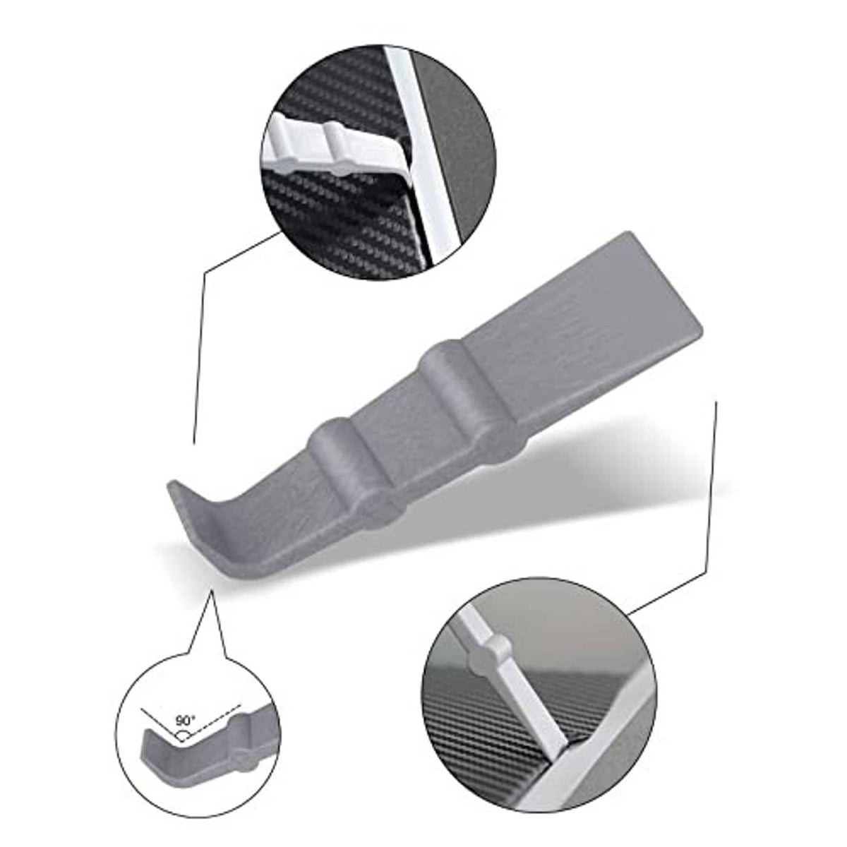 Gray corner trim guide and scraper blade with close-up detail circles