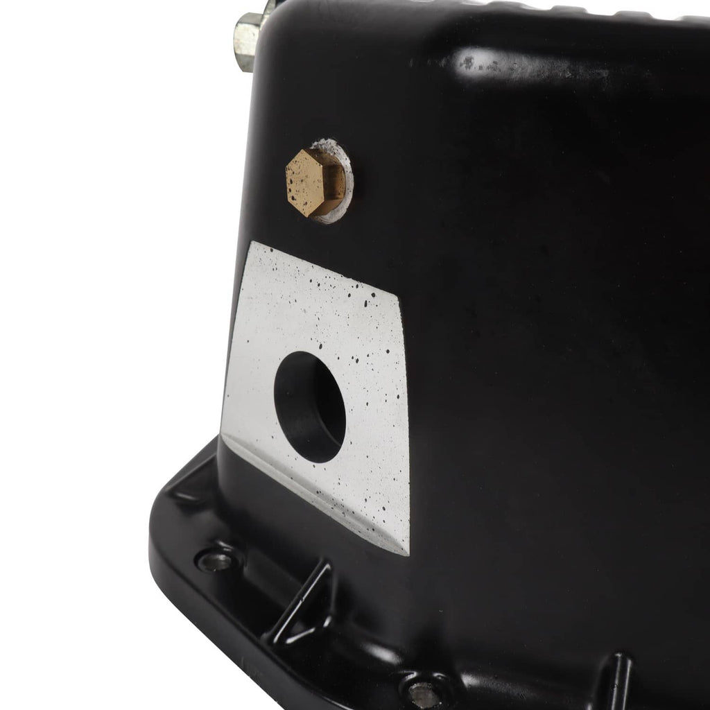 Oil pan end section with fastener points and oval opening