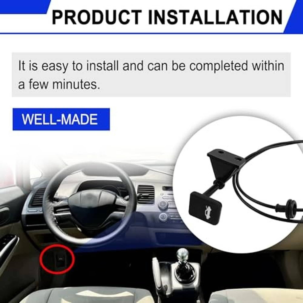 Hood release cable installation near steering wheel interior with cable and bracket