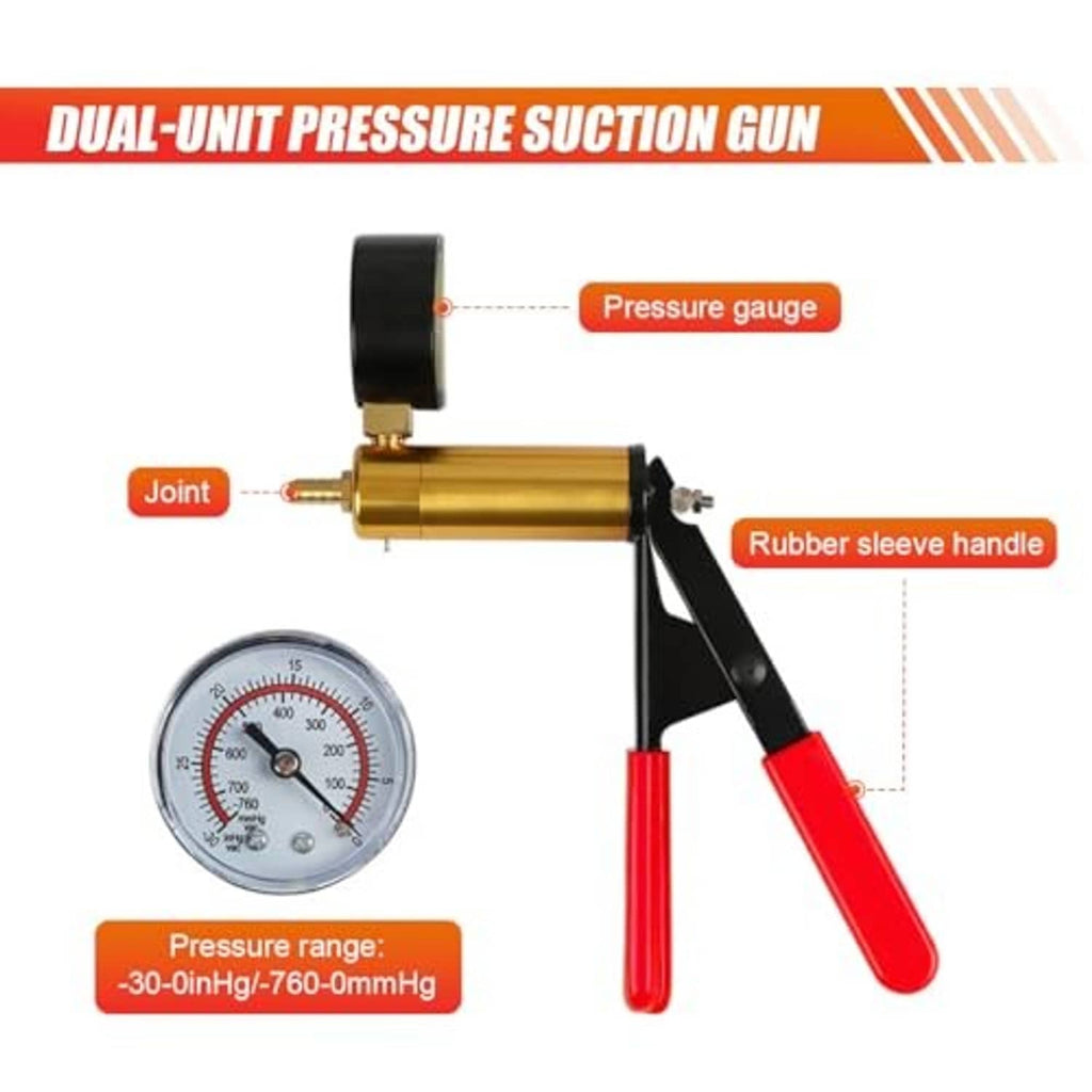 Dual-unit brake bleeder suction gun with pressure gauge, brass cylinder, red handle.