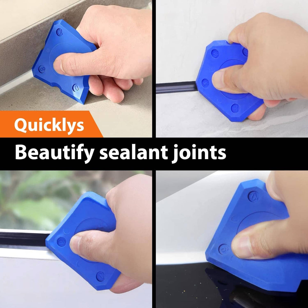 Blue caulk smoothing tool in hand for shaping sealant joints along corners