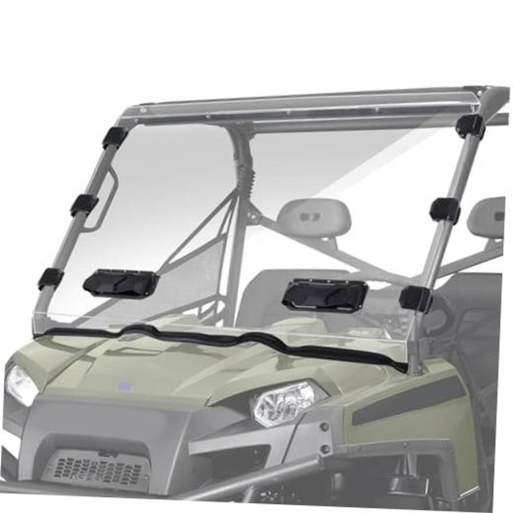 Vented front windshield with black mounting brackets for off-road UTV, clear panel